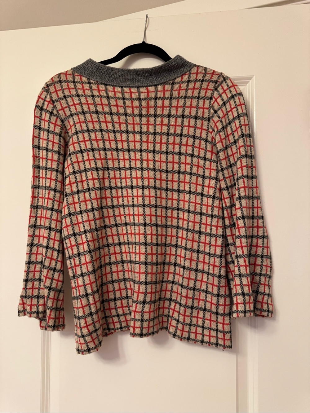 Anthropologie Plaid Crewneck Sweater Top - Cream, Red & Gray